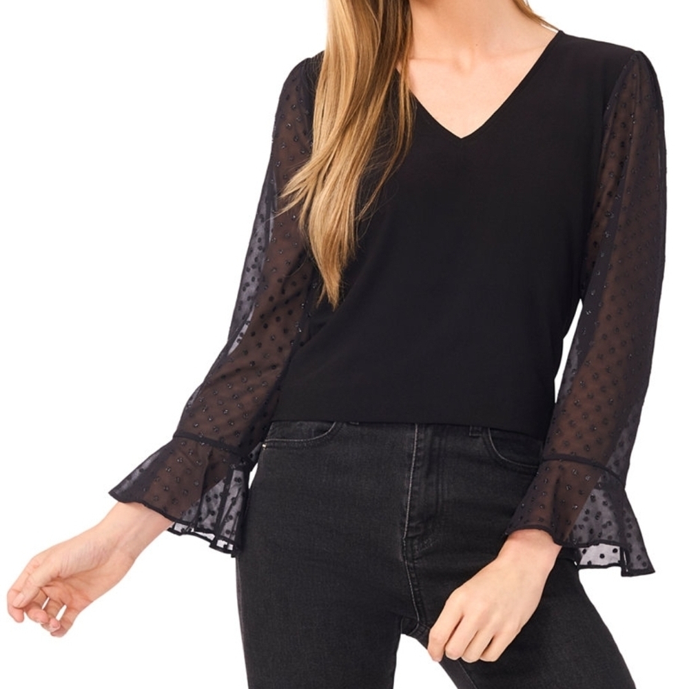 CeCe Black Blouse with Sheer Polka Dot Sleeves